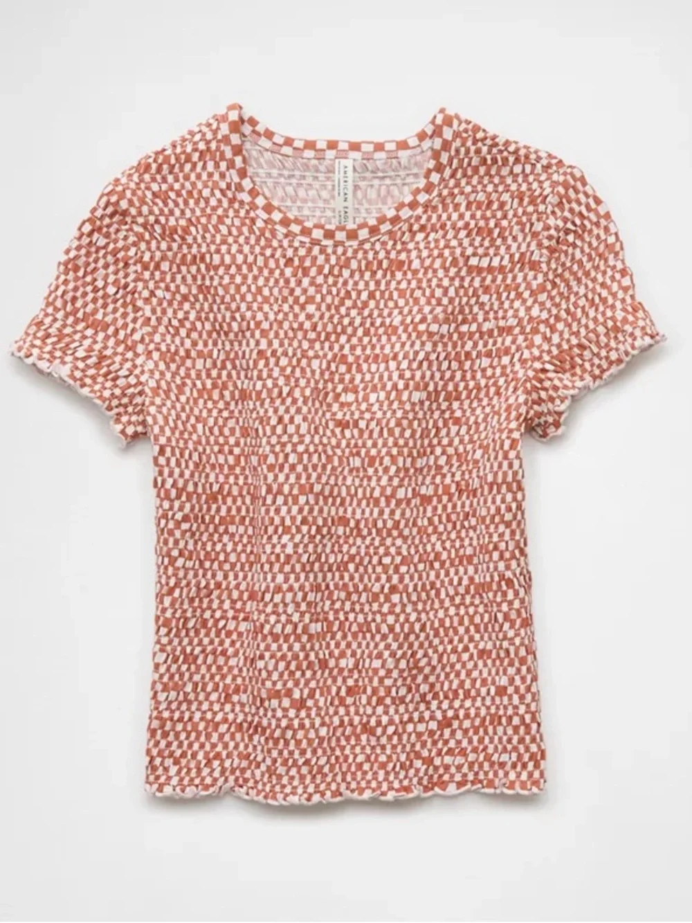 NEW American Eagle Checkered Smocked Short Sleeve T Shirt Women’s Size Medium